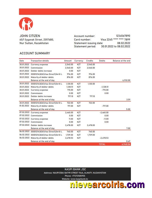 Kazakhstan Kaspi Bank statement xls